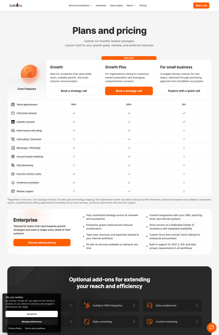 Belkins pricing page showing four named tiers (Growth, Growth Plus, For small business, Enterprise) with Book a strategy call calls-to-action instead of published rates