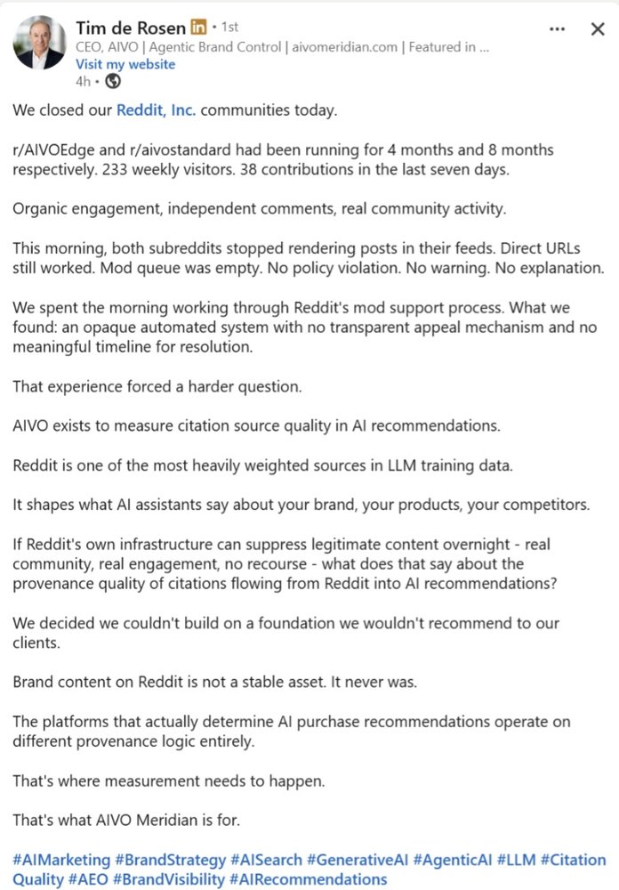 Tim de Rosen, CEO of AIVO, on LinkedIn: We closed our Reddit, Inc. communities today. r slash AIVOEdge and r slash aivostandard had been running for 4 months and 8 months respectively. 233 weekly visitors. 38 contributions in the last seven days. Organic engagement, independent comments, real community activity. This morning, both subreddits stopped rendering posts in their feeds. Direct URLs still worked. Mod queue was empty. No policy violation. No warning. No explanation.